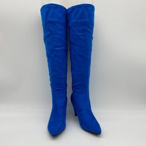 Blue Suede Pointy Toe Cone Heel Pumps Long Boots